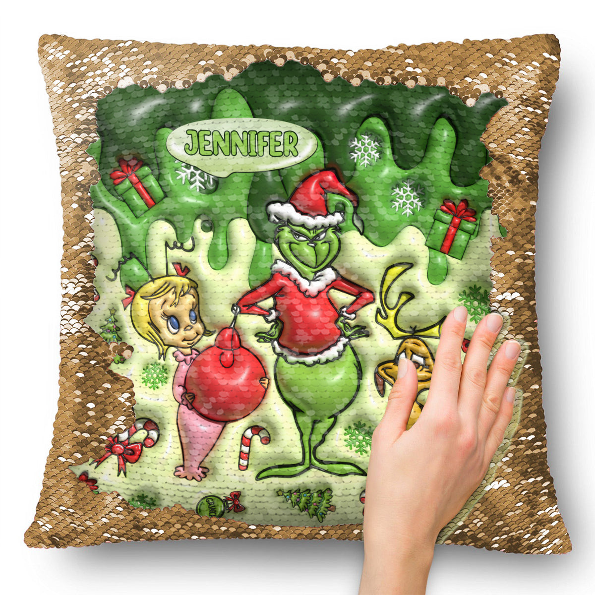 Personalized Sequin Pillow Cover with Grinch Design for Christmas Gift Sequin Pillow Cover GradoCreations