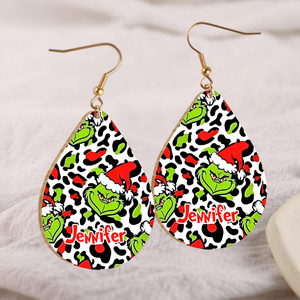 Personalized Grinch Wooden Earrings Custom Name Gift for Christmas Wooden Earrings GradoCreations