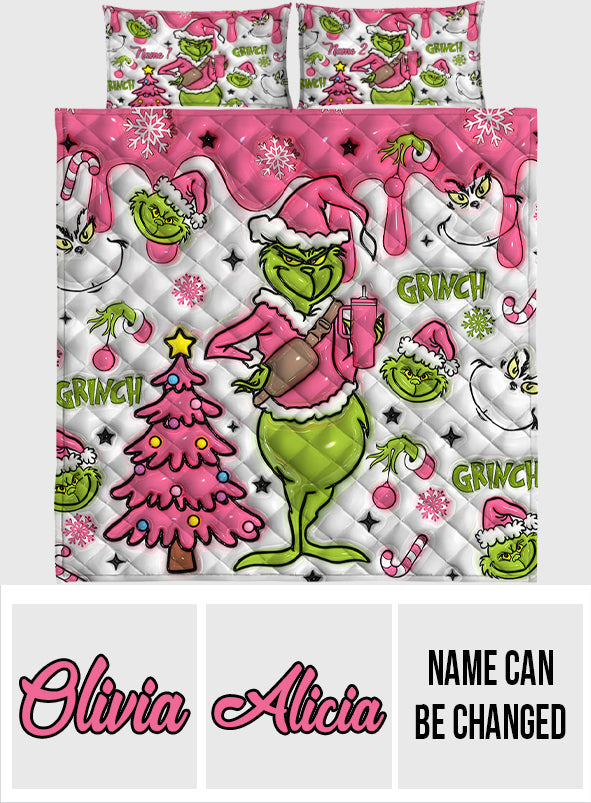 Personalized Grinch Christmas Quilt Set with Pillow Covers Quilt Set GradoCreations