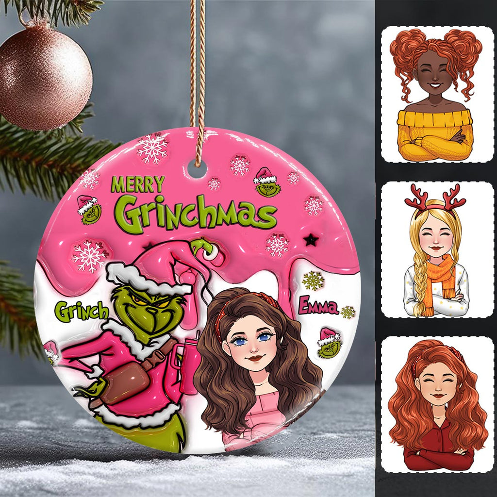 Personalized Ceramic Christmas Ornament Merry Grinchmas Gift Ceramic Circle Ornament GradoCreations