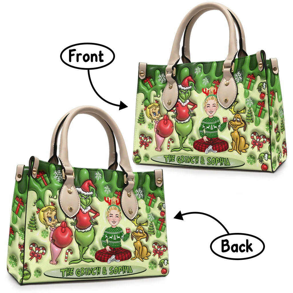 Personalized Grinch Theme Leather Handbag for Christmas Gift Leather Handbag GradoCreations