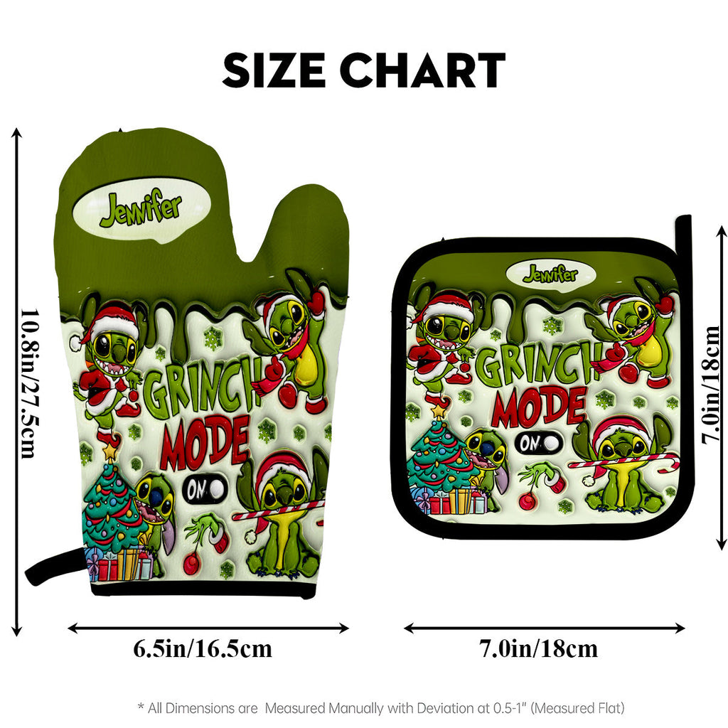 Personalized Grinch Mode Oven Mitts & Pot Holder Set for Christmas Oven Mitts & Pot Holder Set GradoCreations