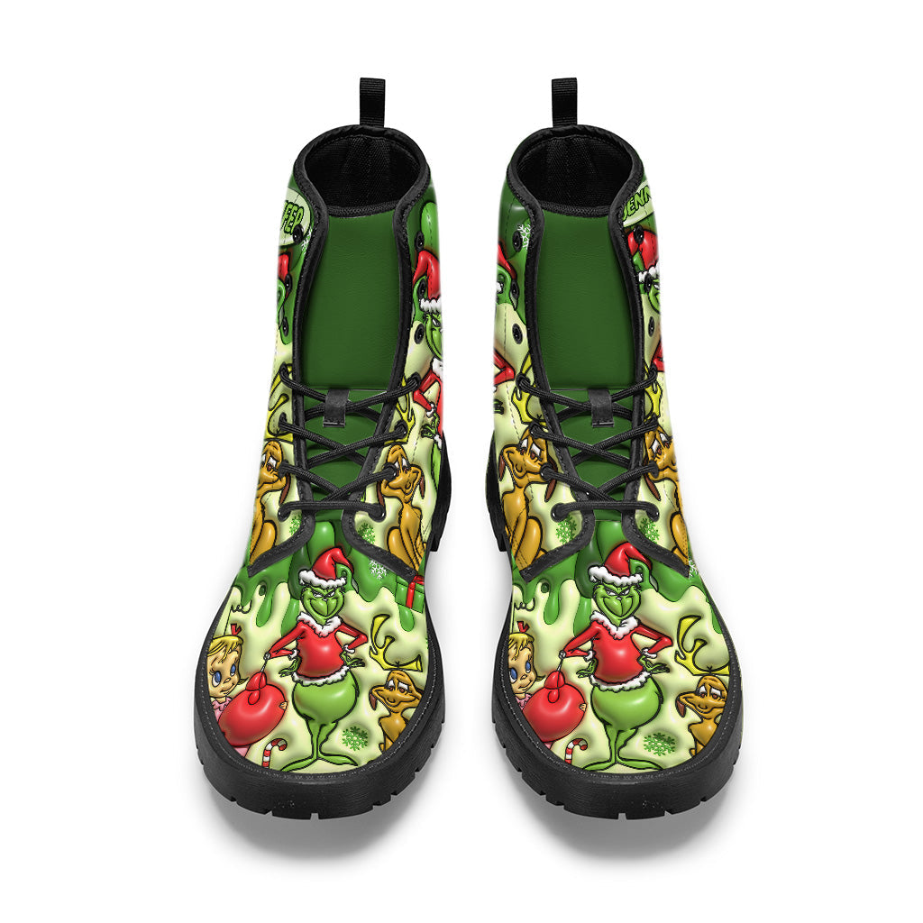 Personalized Grinch Leather Boots Custom Name Holiday Gift Leather Boots GradoCreations