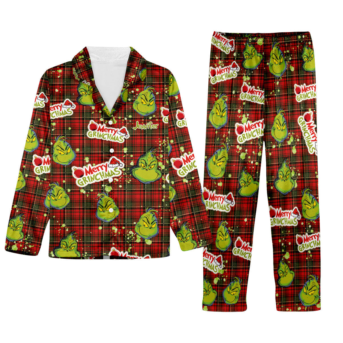 Personalized Merry Grinchmas Button Down Pajamas for Couples Button Down Pajamas GradoCreations