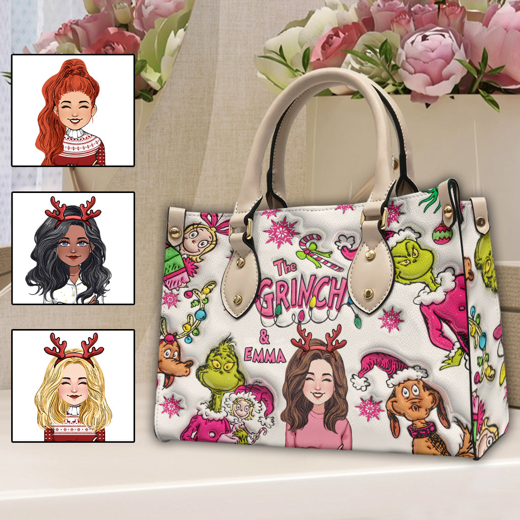 Personalized Grinch Leather Handbag Custom Name Christmas Gift Leather Handbag GradoCreations