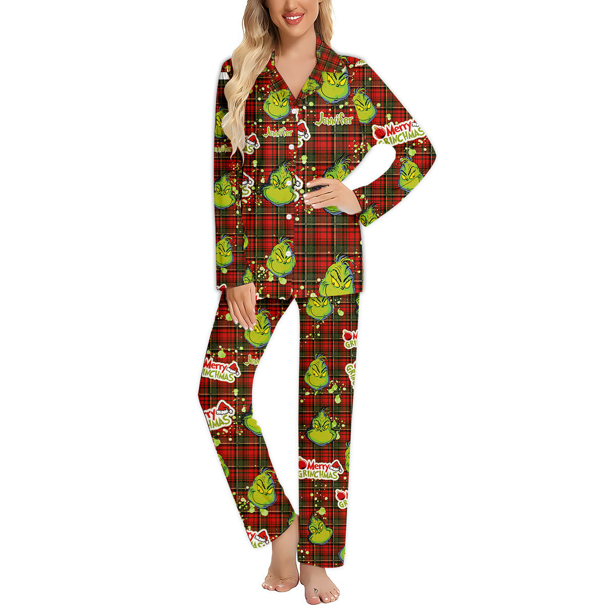 Personalized Merry Grinchmas Button Down Pajamas for Couples Button Down Pajamas GradoCreations