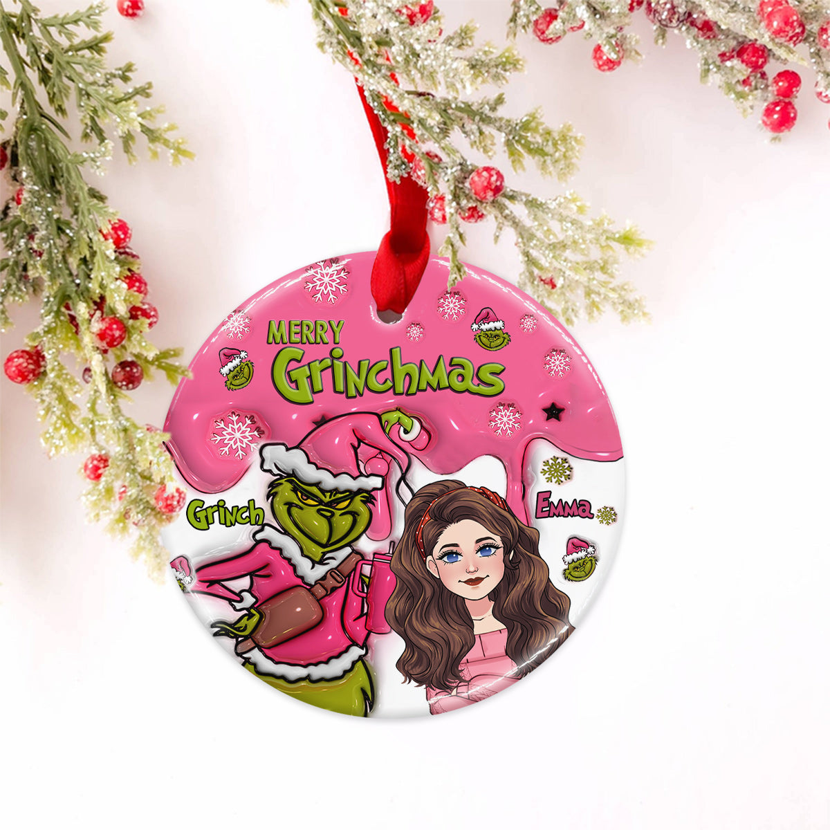 Personalized Ceramic Christmas Ornament Merry Grinchmas Gift Ceramic Circle Ornament GradoCreations