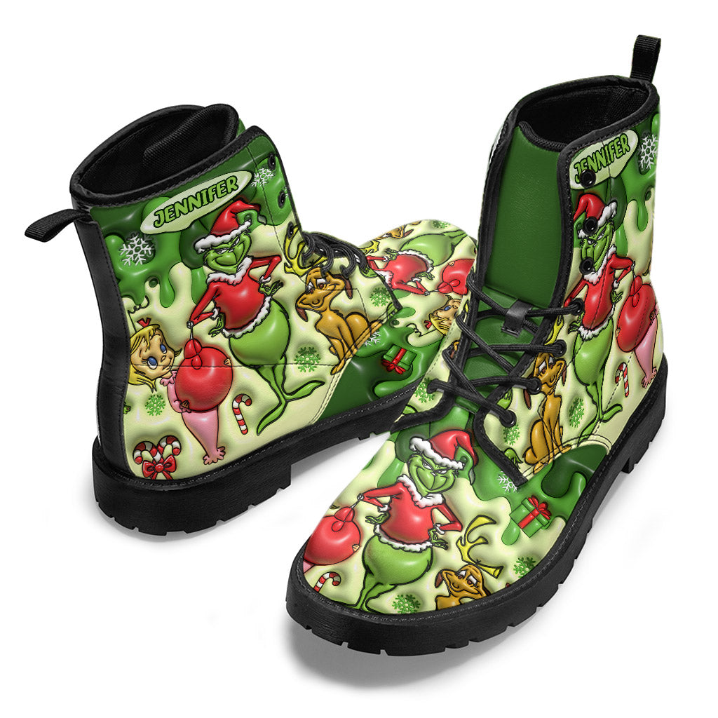 Personalized Grinch Leather Boots Custom Name Holiday Gift Leather Boots GradoCreations