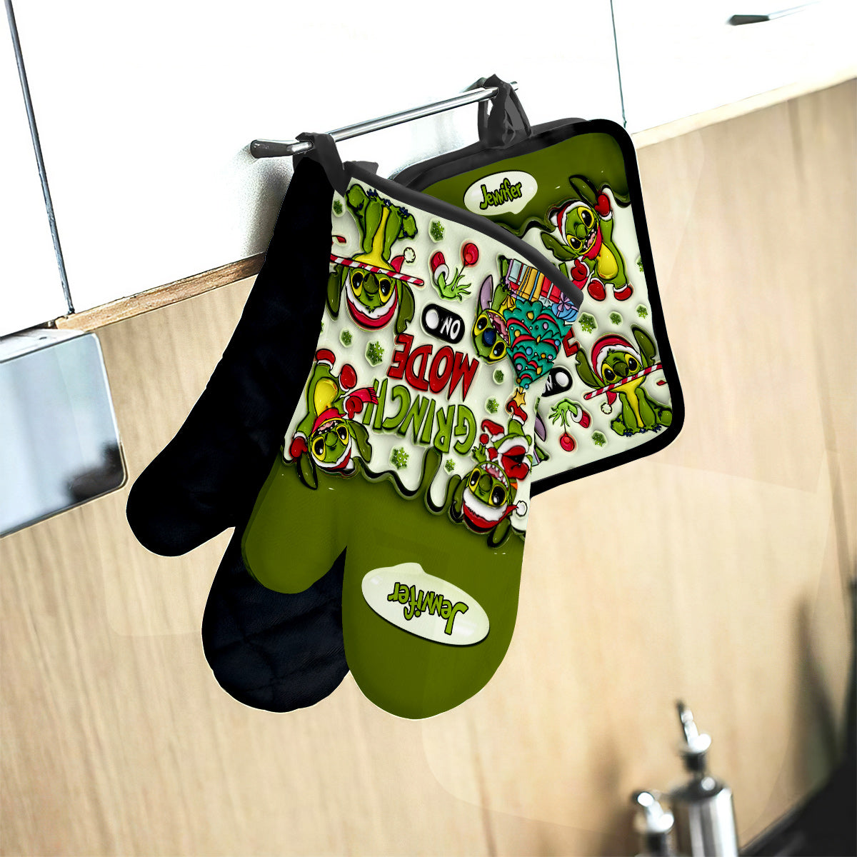 Personalized Grinch Mode Oven Mitts & Pot Holder Set for Christmas Oven Mitts & Pot Holder Set GradoCreations