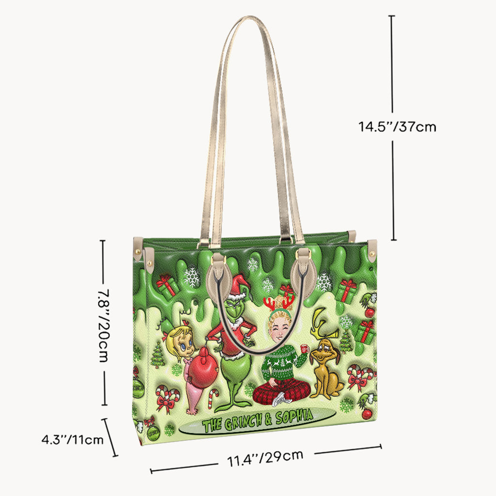 Personalized Grinch Theme Leather Handbag for Christmas Gift Leather Handbag GradoCreations