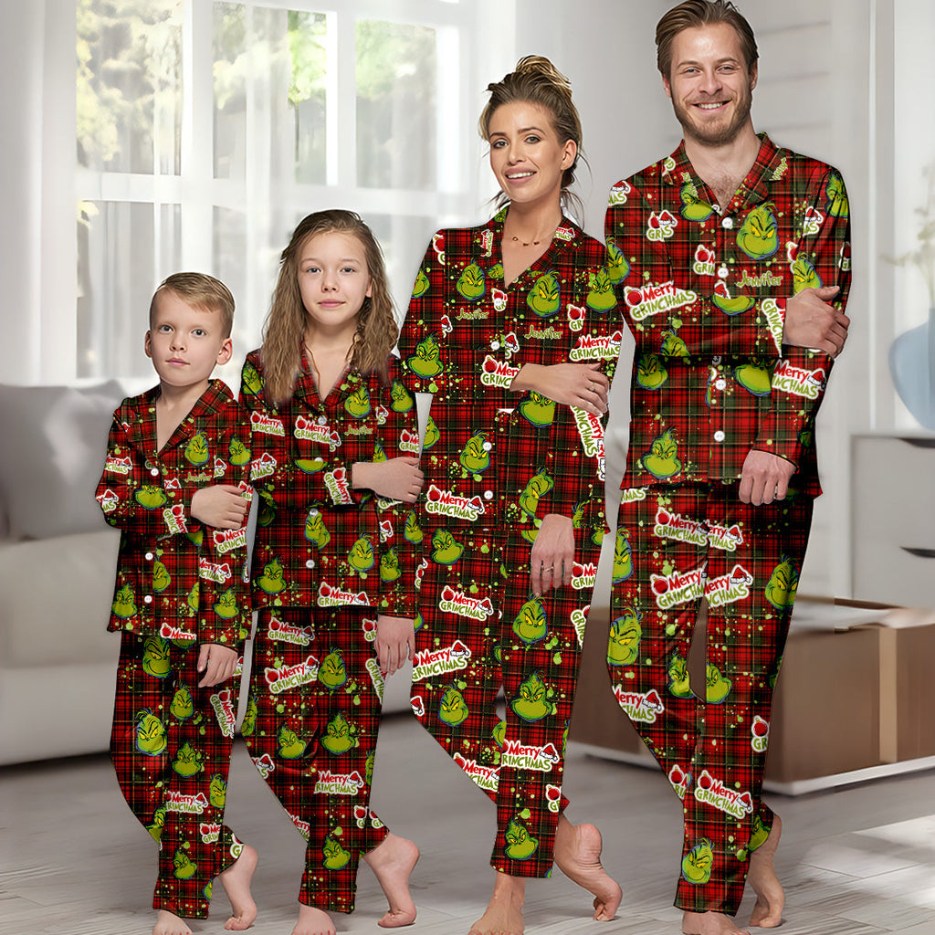 Personalized Merry Grinchmas Button Down Pajamas for Couples Button Down Pajamas GradoCreations