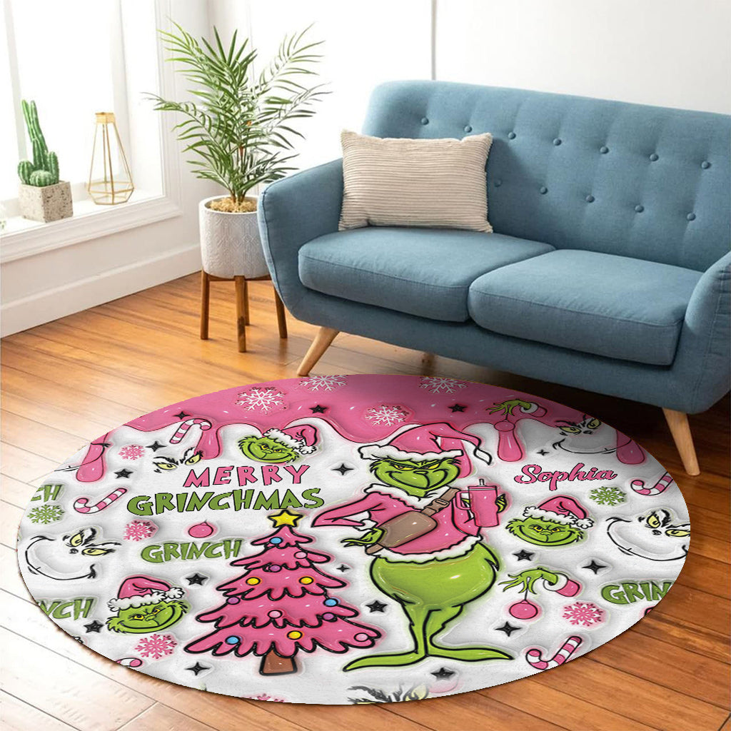 Personalized Grinchmas Round Rug Custom Name Christmas Decor Round Rug GradoCreations