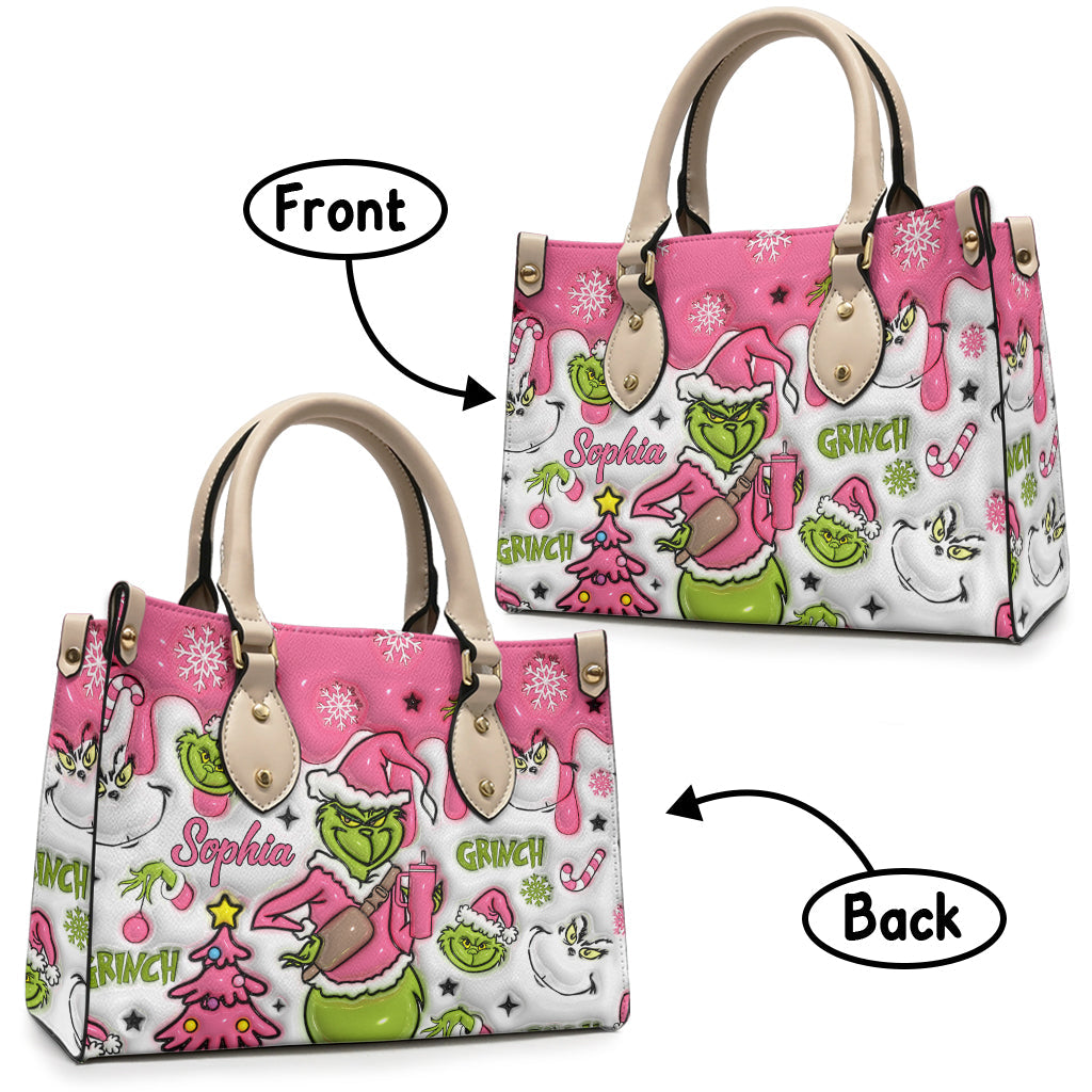 Personalized Leather Handbag with Grinch Design for Women - Custom Name Gift Leather Handbag GradoCreations