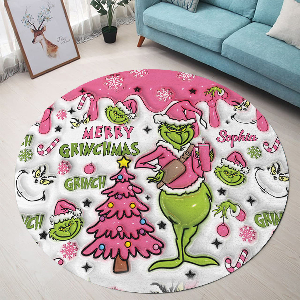 Personalized Grinchmas Round Rug Custom Name Christmas Decor Round Rug GradoCreations