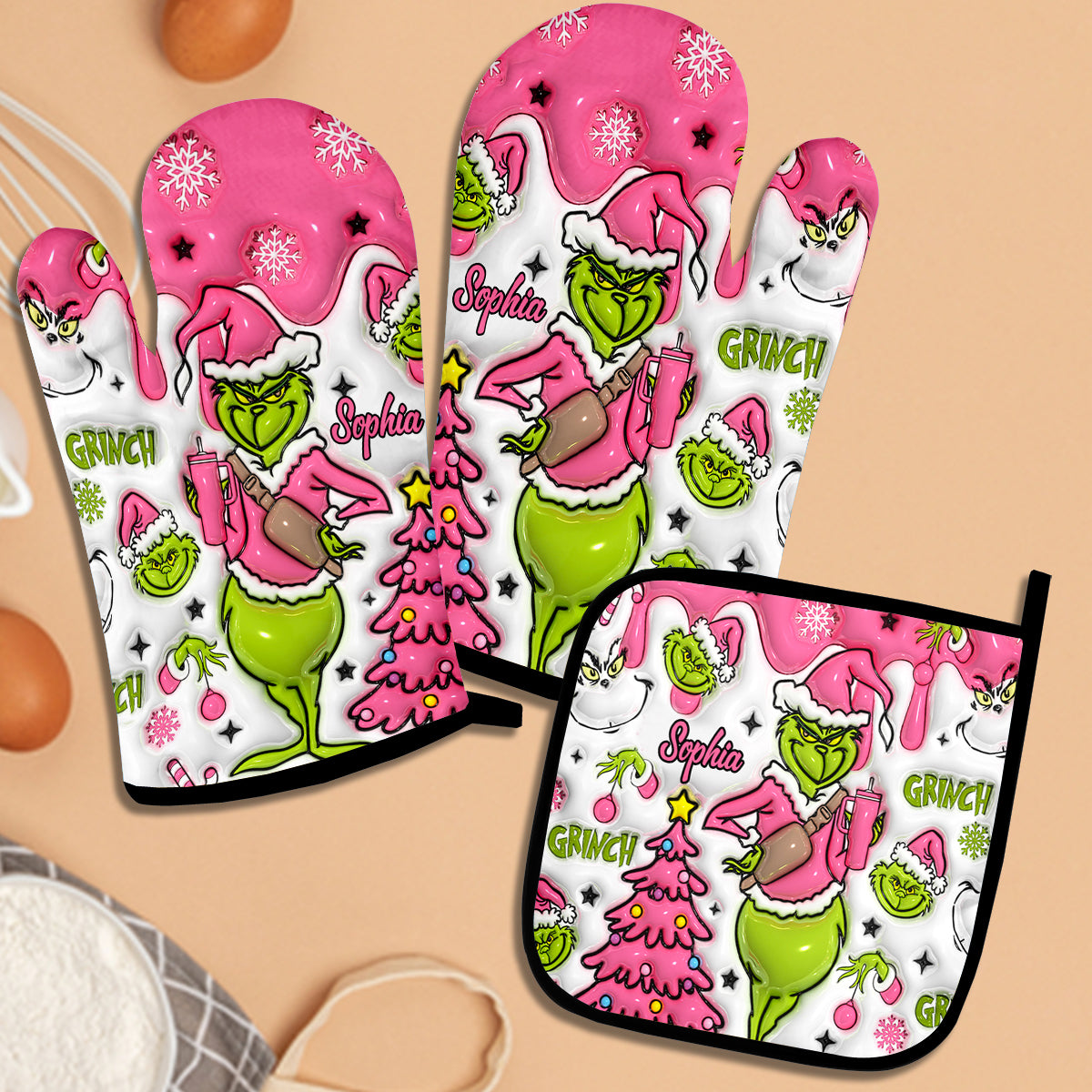 Personalized Merry Grinchmas Oven Mitts & Pot Holder Set for Christmas Oven Mitts & Pot Holder Set GradoCreations