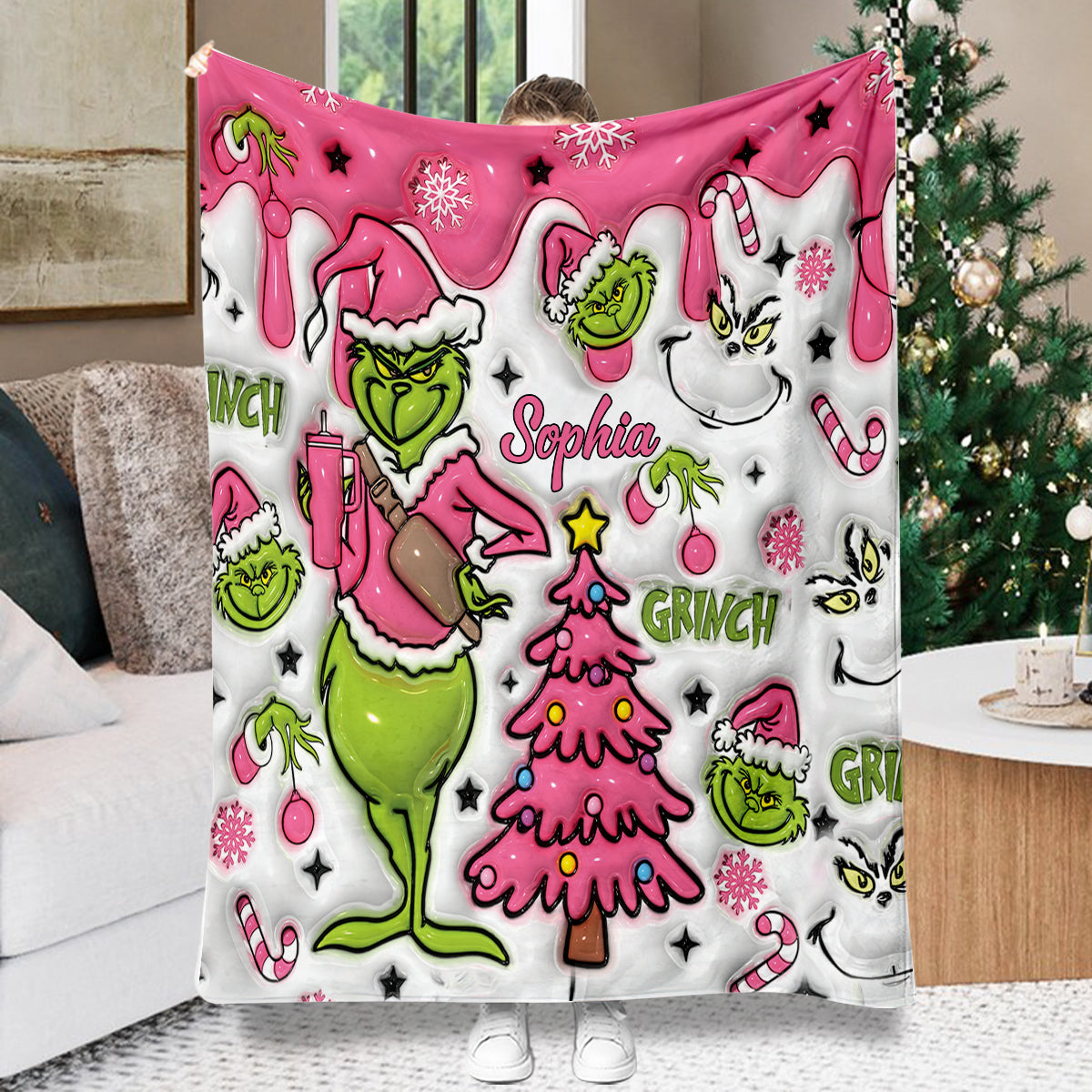 Personalized Snowflakes Grinch Blanket Custom Name Gift for Christmas Blanket GradoCreations