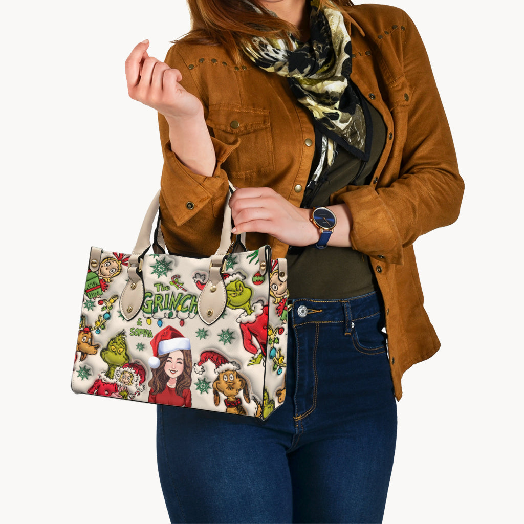 Customized Grinch Pattern Leather Handbag for Women - Unique Gift Leather Handbag GradoCreations