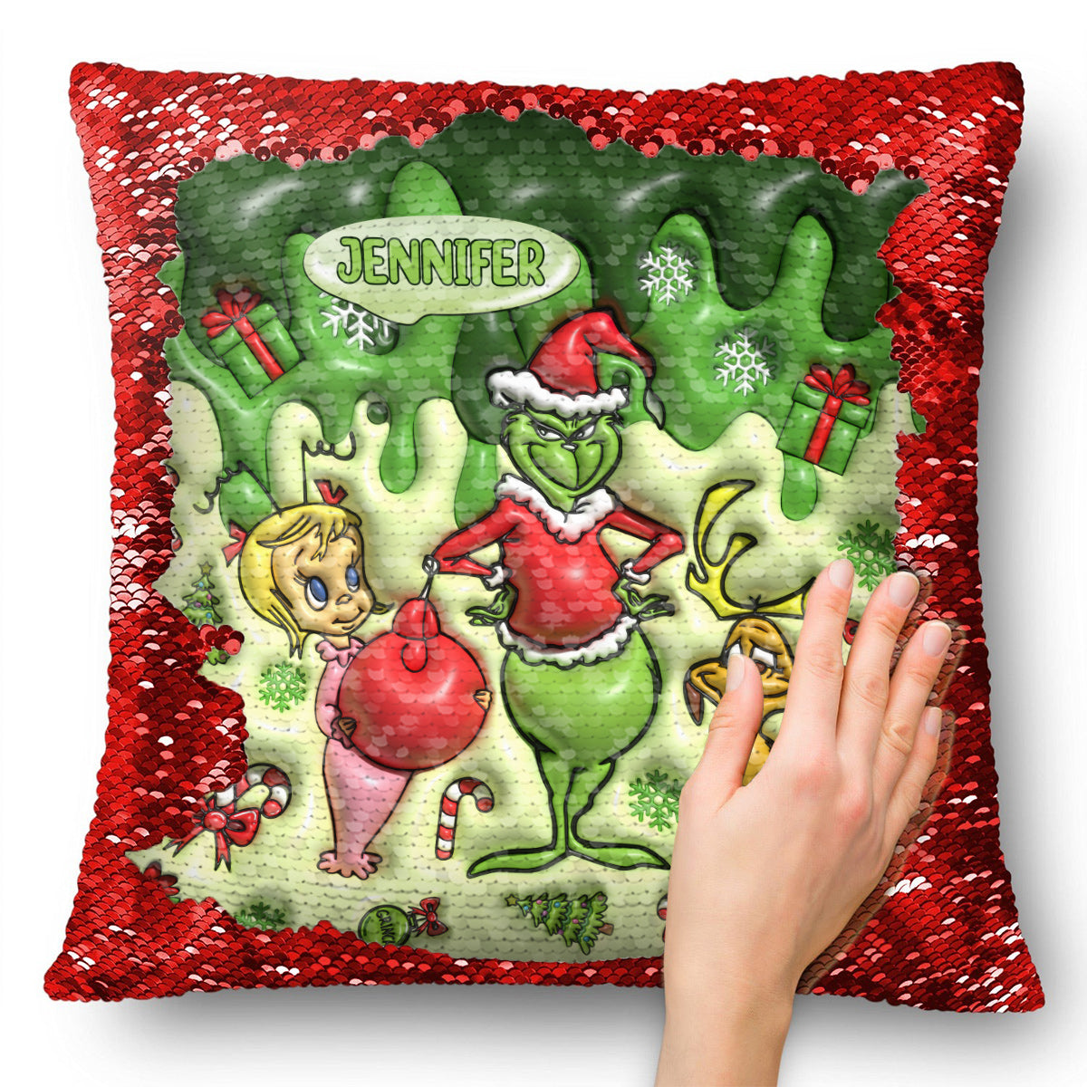 Personalized Sequin Pillow Cover with Grinch Design for Christmas Gift Sequin Pillow Cover GradoCreations