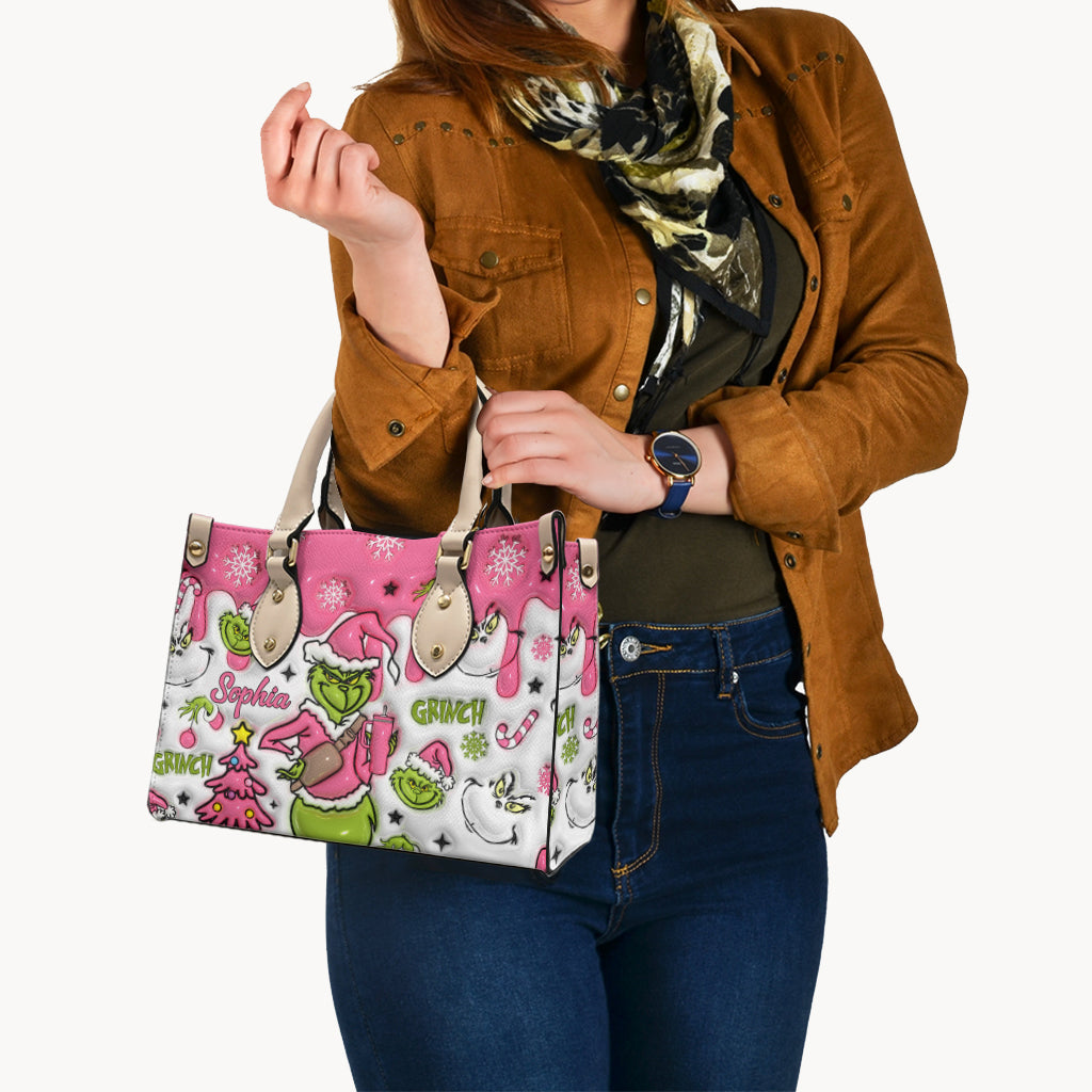 Personalized Leather Handbag with Grinch Design for Women - Custom Name Gift Leather Handbag GradoCreations