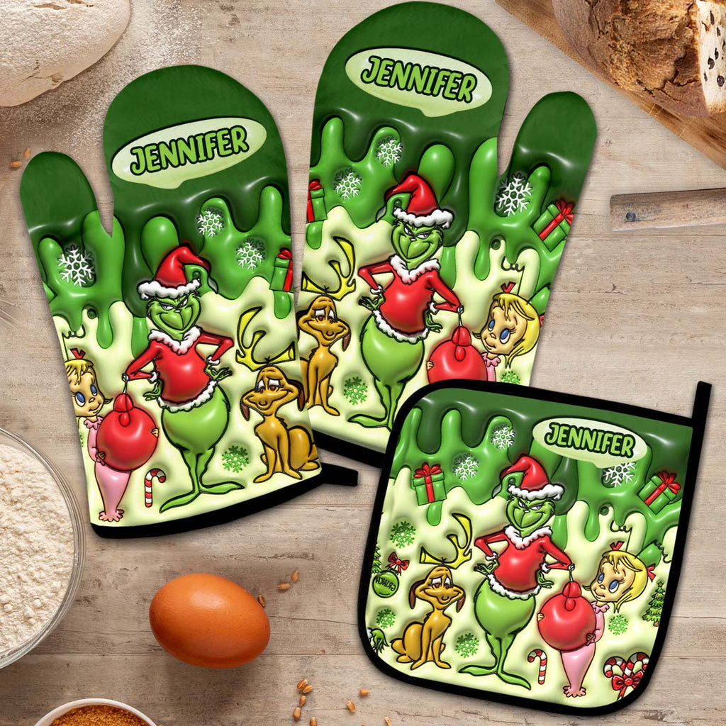 Personalized Grinch Christmas Oven Mitts & Pot Holder Set Gift for Family Oven Mitts & Pot Holder Set GradoCreations