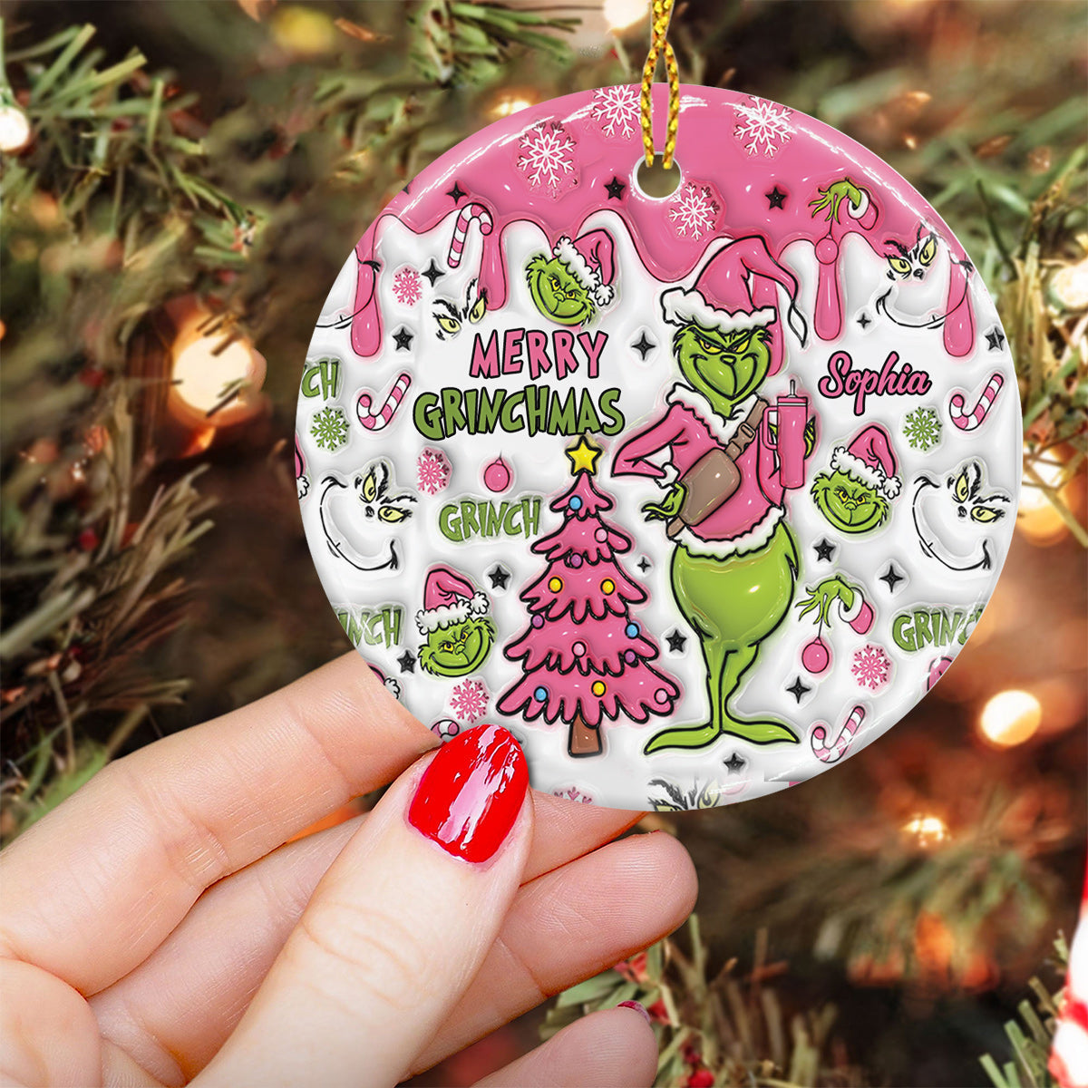 Personalized Merry Grinchmas Ceramic Ornament Gift for Christmas Ceramic Circle Ornament GradoCreations