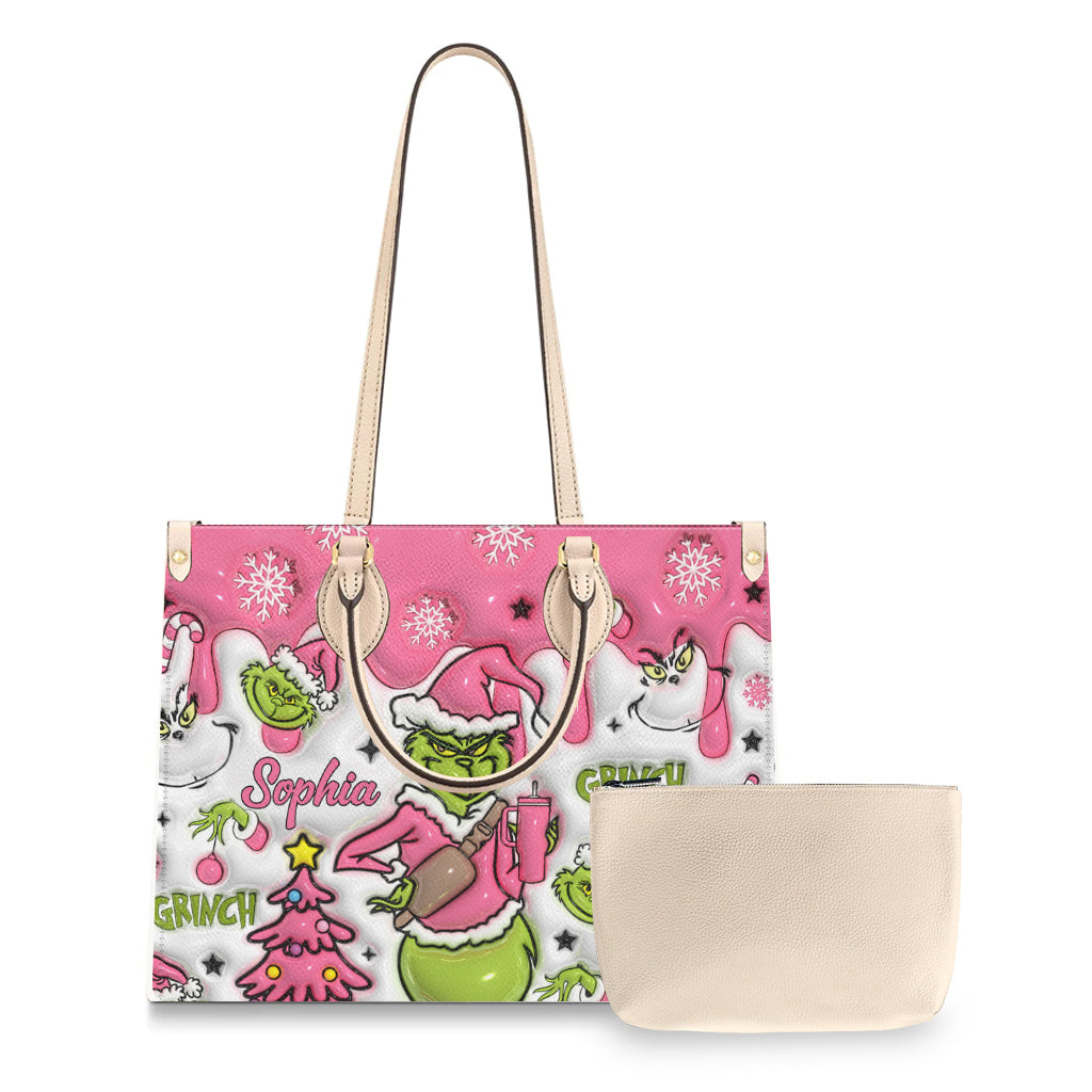 Personalized Leather Handbag with Grinch Design for Women - Custom Name Gift Leather Handbag GradoCreations