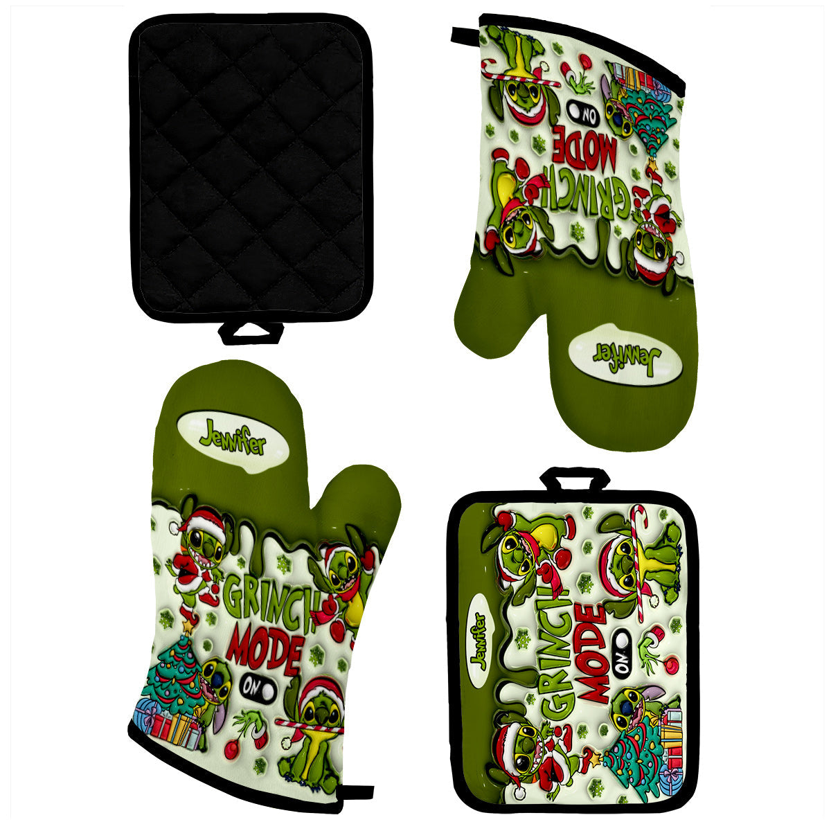 Personalized Grinch Mode Oven Mitts & Pot Holder Set for Christmas Oven Mitts & Pot Holder Set GradoCreations