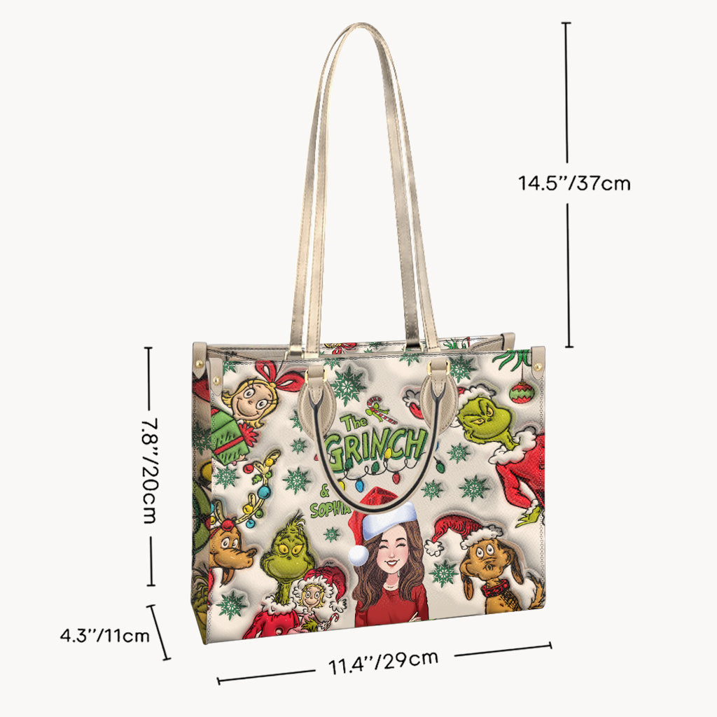Customized Grinch Pattern Leather Handbag for Women - Unique Gift Leather Handbag GradoCreations