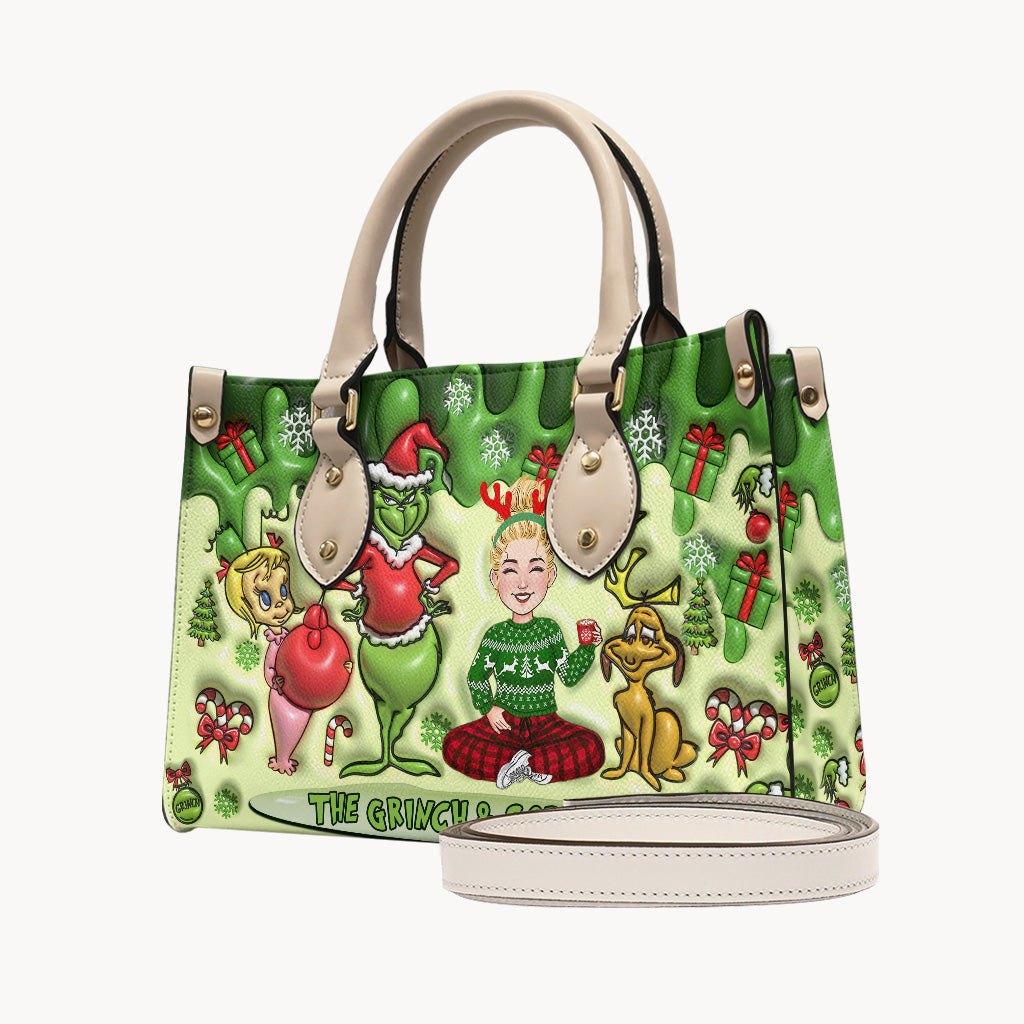 Personalized Grinch Theme Leather Handbag for Christmas Gift Leather Handbag GradoCreations