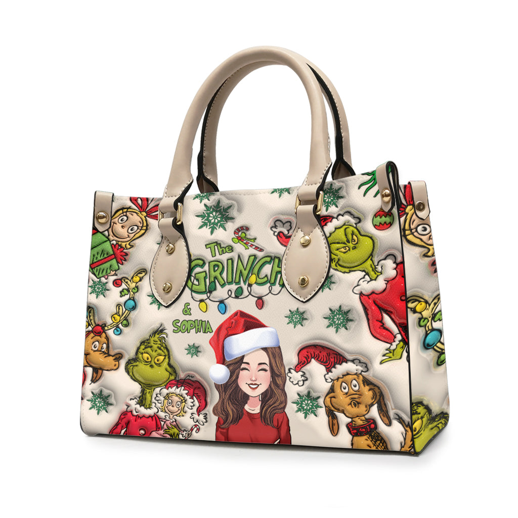 Customized Grinch Pattern Leather Handbag for Women - Unique Gift Leather Handbag GradoCreations