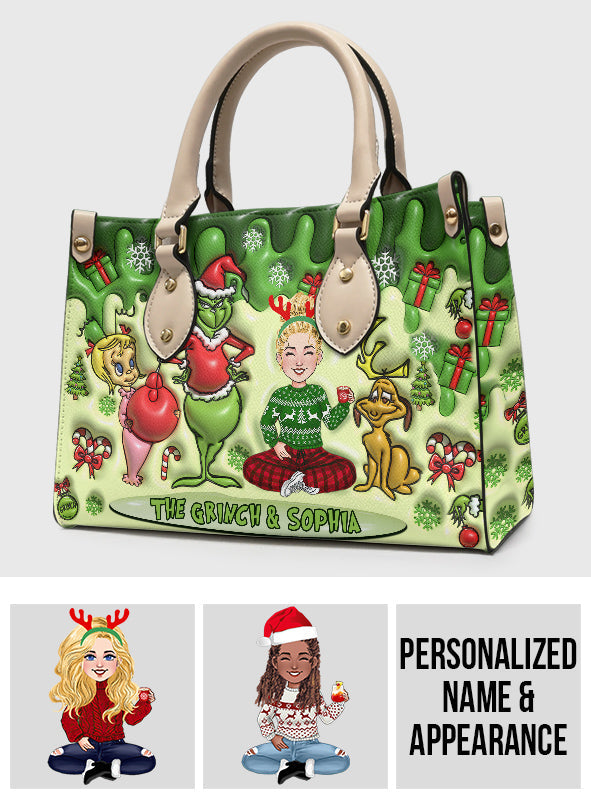 Personalized Grinch Theme Leather Handbag for Christmas Gift Leather Handbag GradoCreations