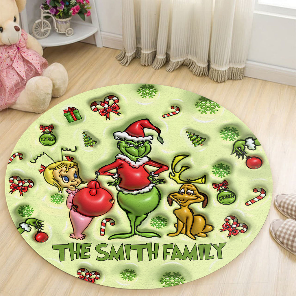 Personalized Grinch Christmas Round Rug Custom Family Name Round Rug GradoCreations