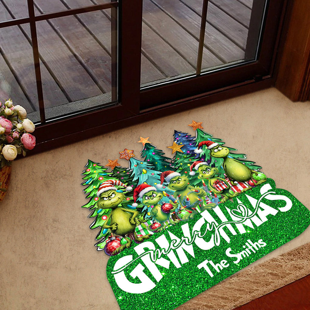 Personalized Merry Grinchmas Shaped Doormat Custom Family Name Holiday Decor Shaped Doormat GradoCreations