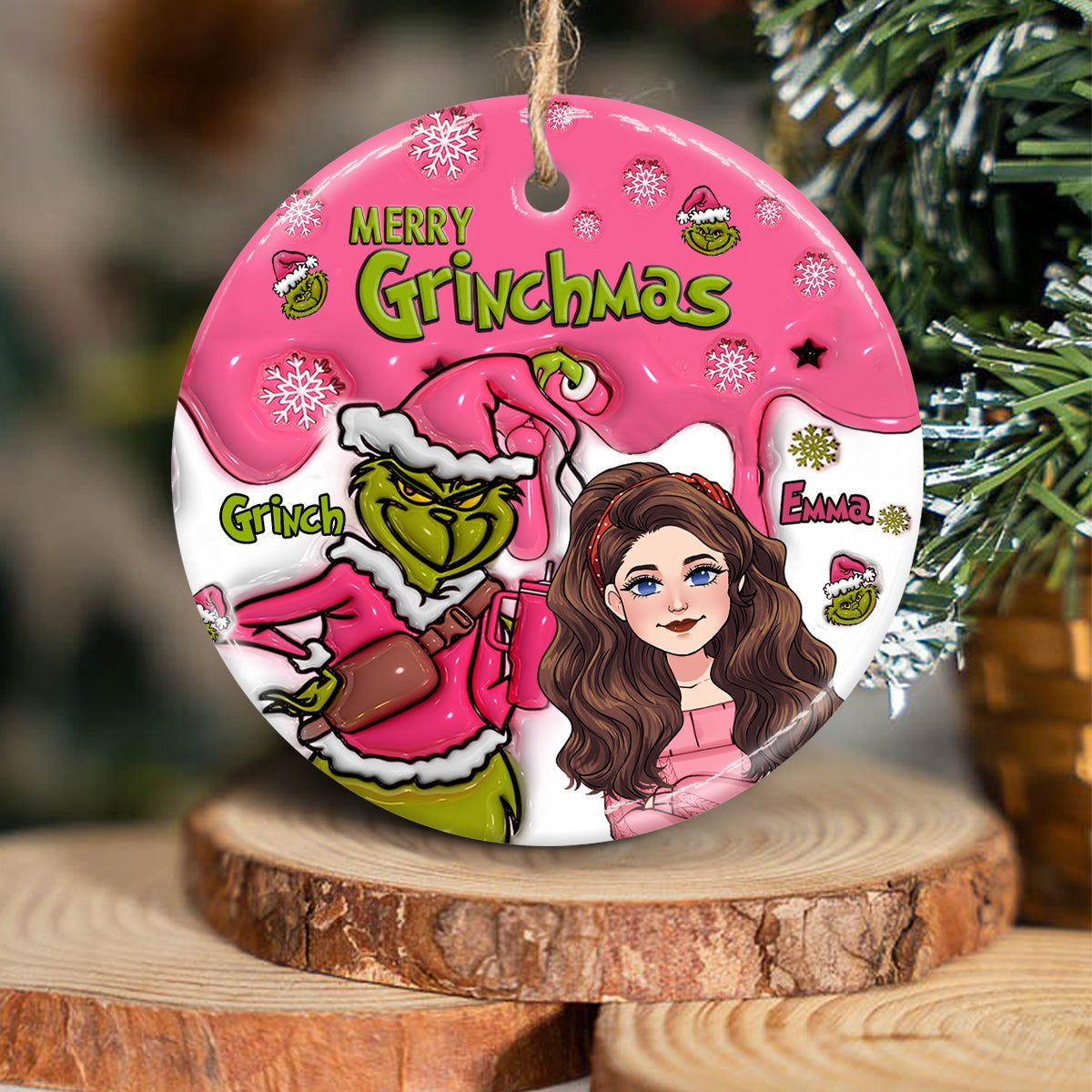Personalized Ceramic Christmas Ornament Merry Grinchmas Gift Ceramic Circle Ornament GradoCreations
