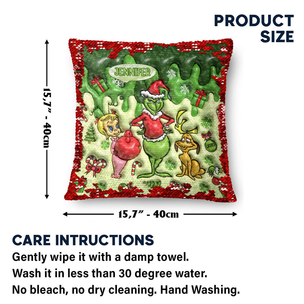 Personalized Sequin Pillow Cover with Grinch Design for Christmas Gift Sequin Pillow Cover GradoCreations