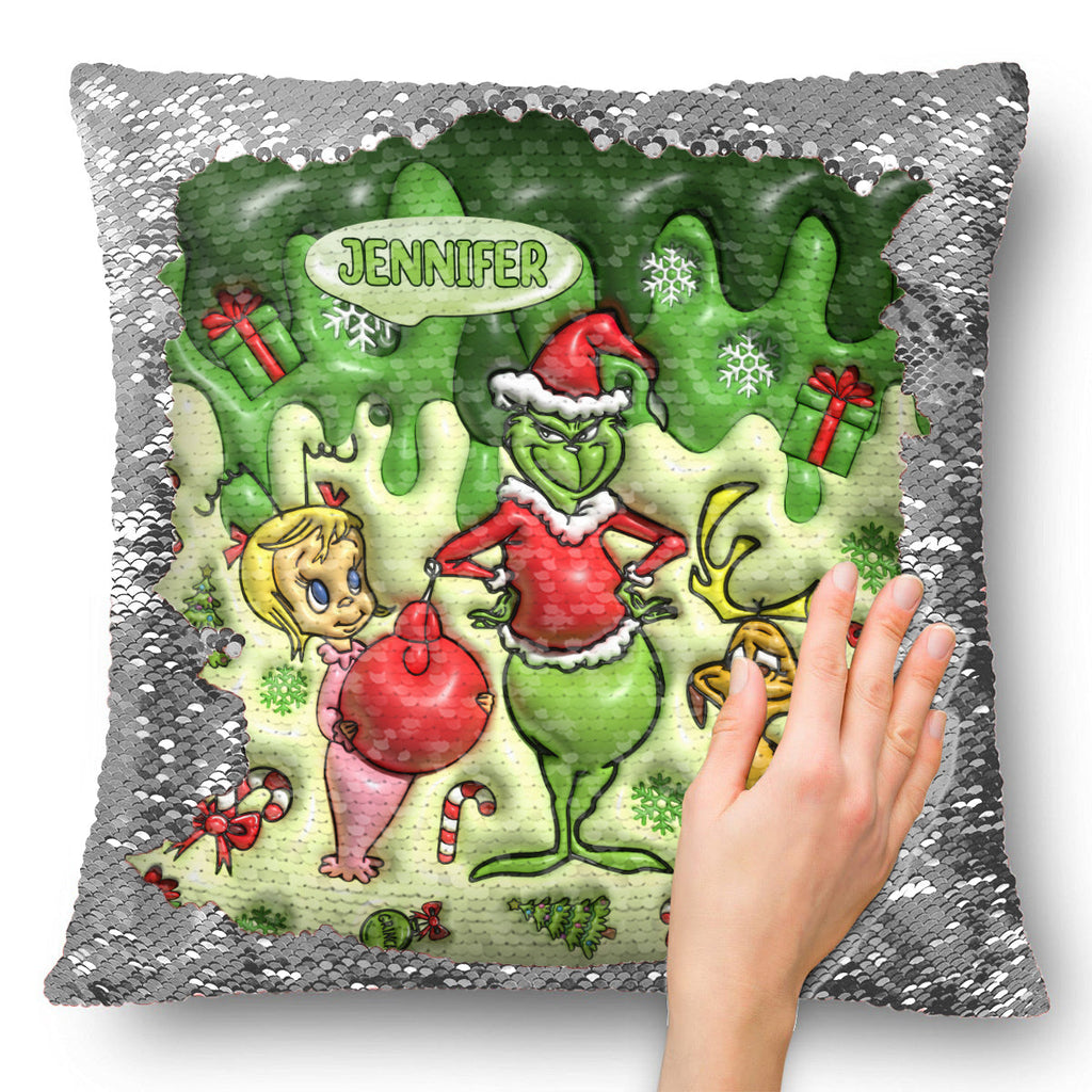 Personalized Sequin Pillow Cover with Grinch Design for Christmas Gift Sequin Pillow Cover GradoCreations
