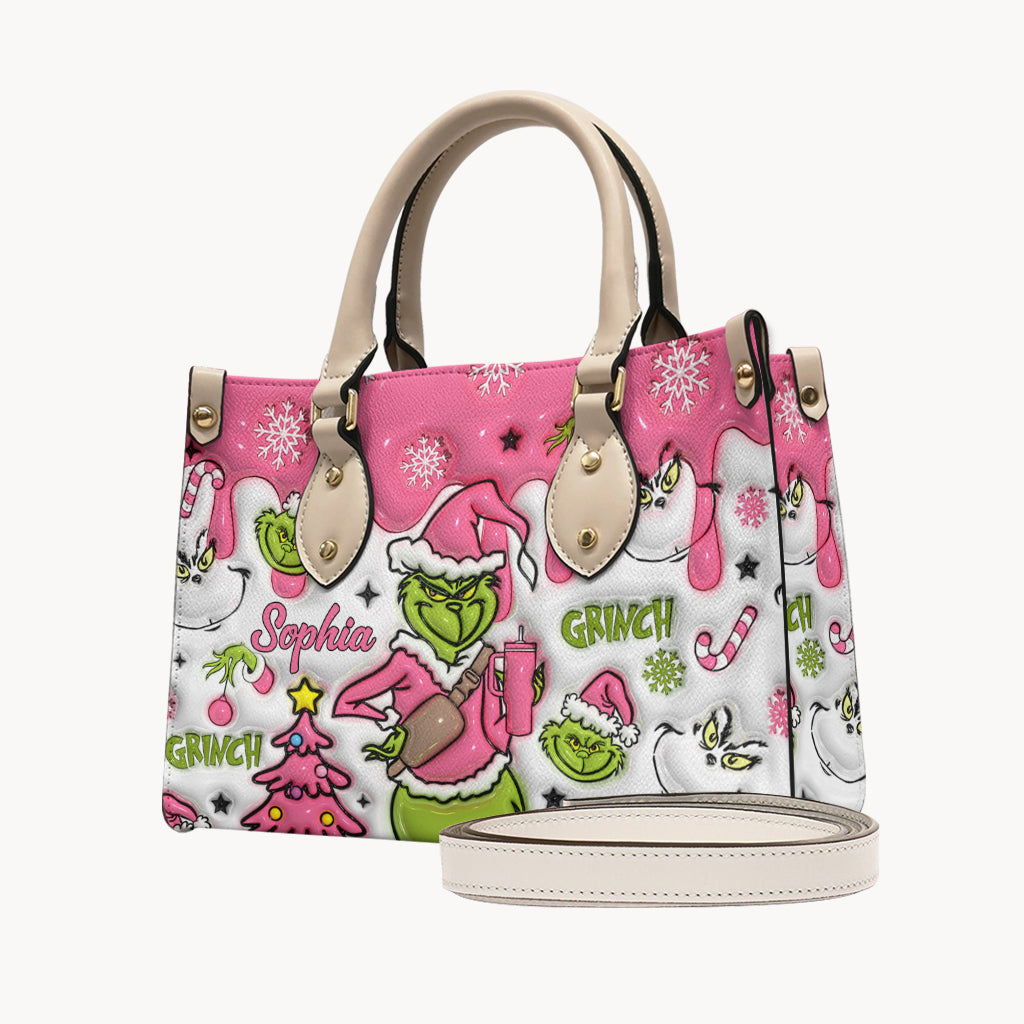 Personalized Leather Handbag with Grinch Design for Women - Custom Name Gift Leather Handbag GradoCreations
