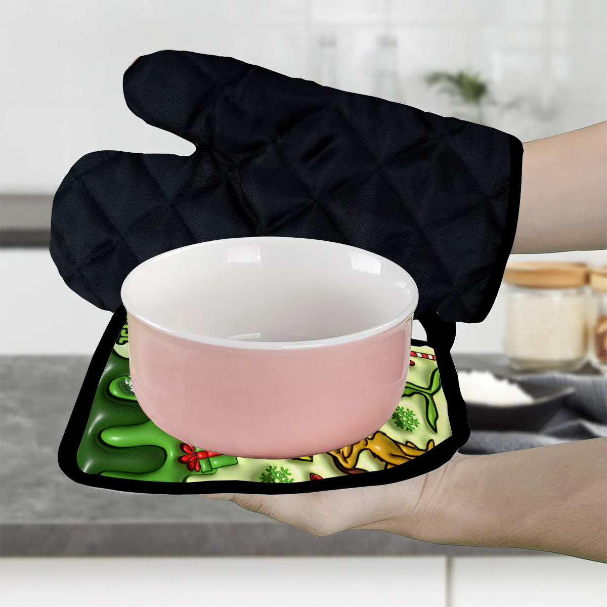 Personalized Grinch Christmas Oven Mitts & Pot Holder Set Gift for Family Oven Mitts & Pot Holder Set GradoCreations
