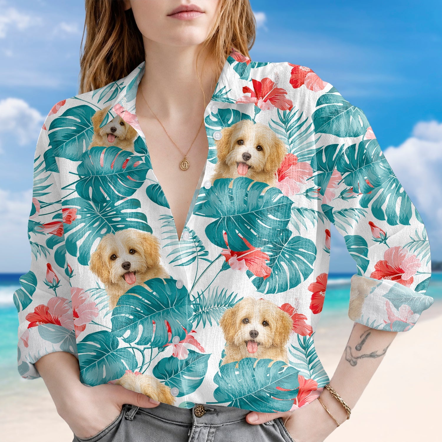 Personalized Tropical Blouse Shirt Custom Pet Photo Gift for Pet Lovers HN590 - Blouse Shirt GradoCreations