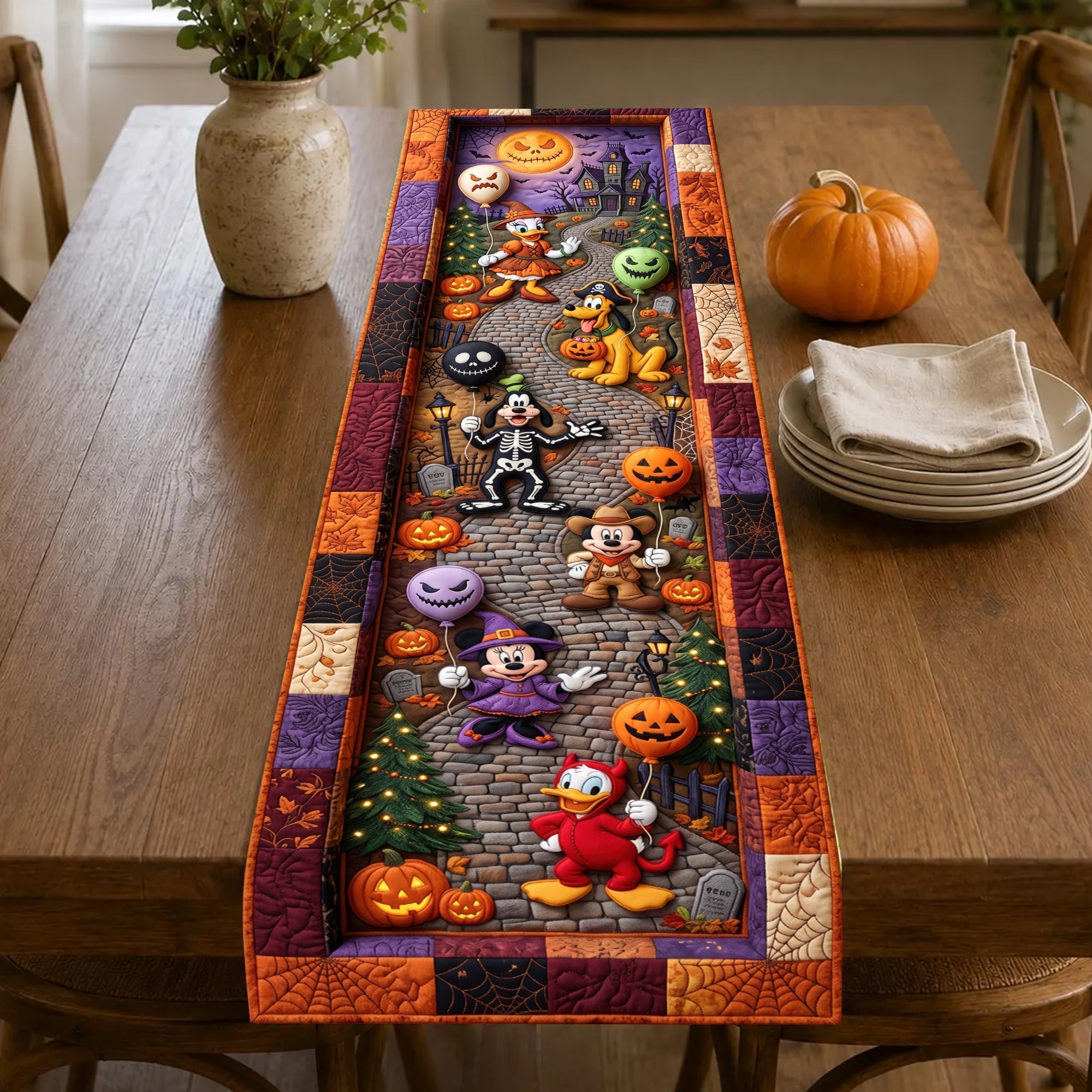 Personalized Halloween Table Runner with Quilted Design for Family Quilt Table Runner GradoCreations