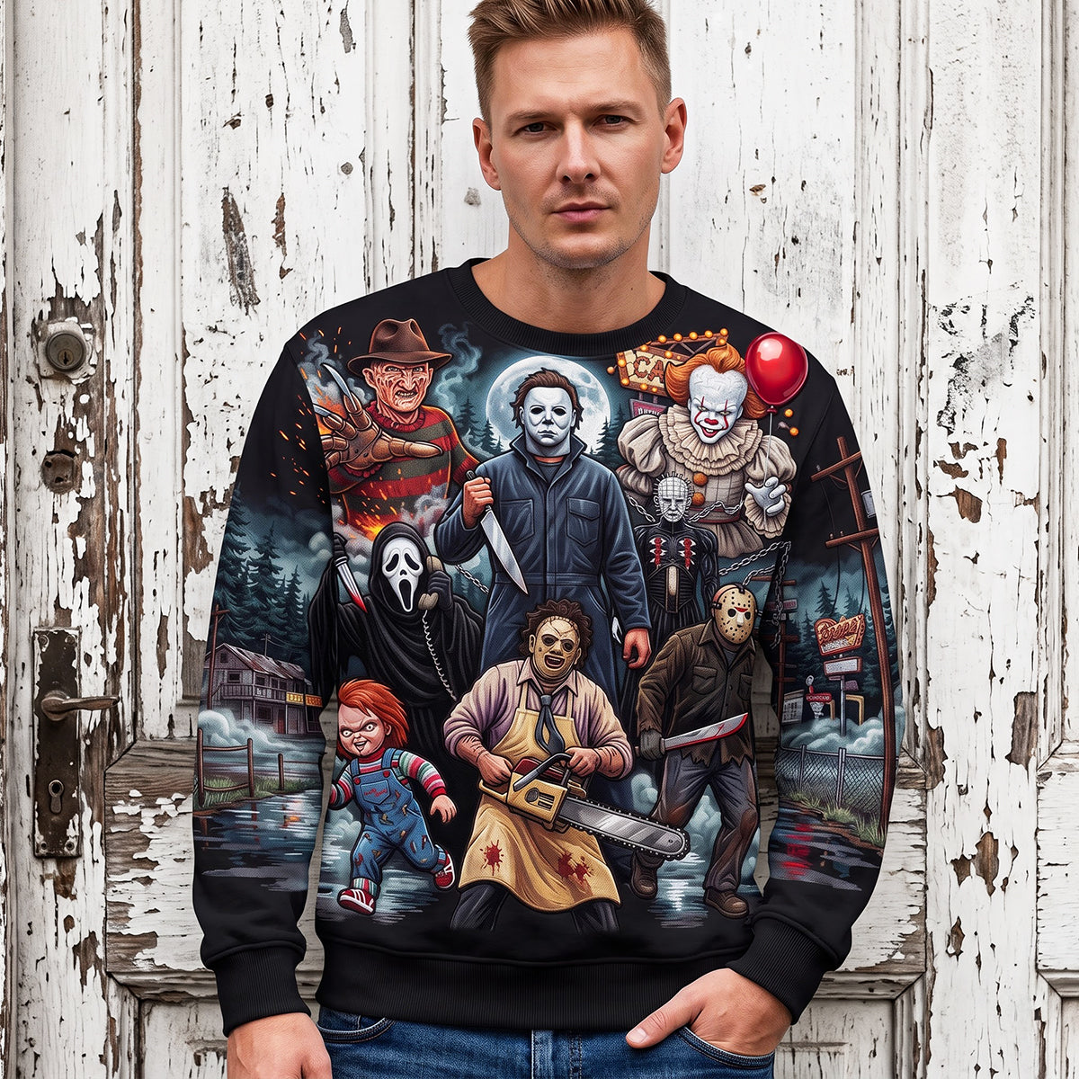 Personalized Horror Sweatshirt All Over Print Gift for Halloween AOP Sweatshirt GradoCreations