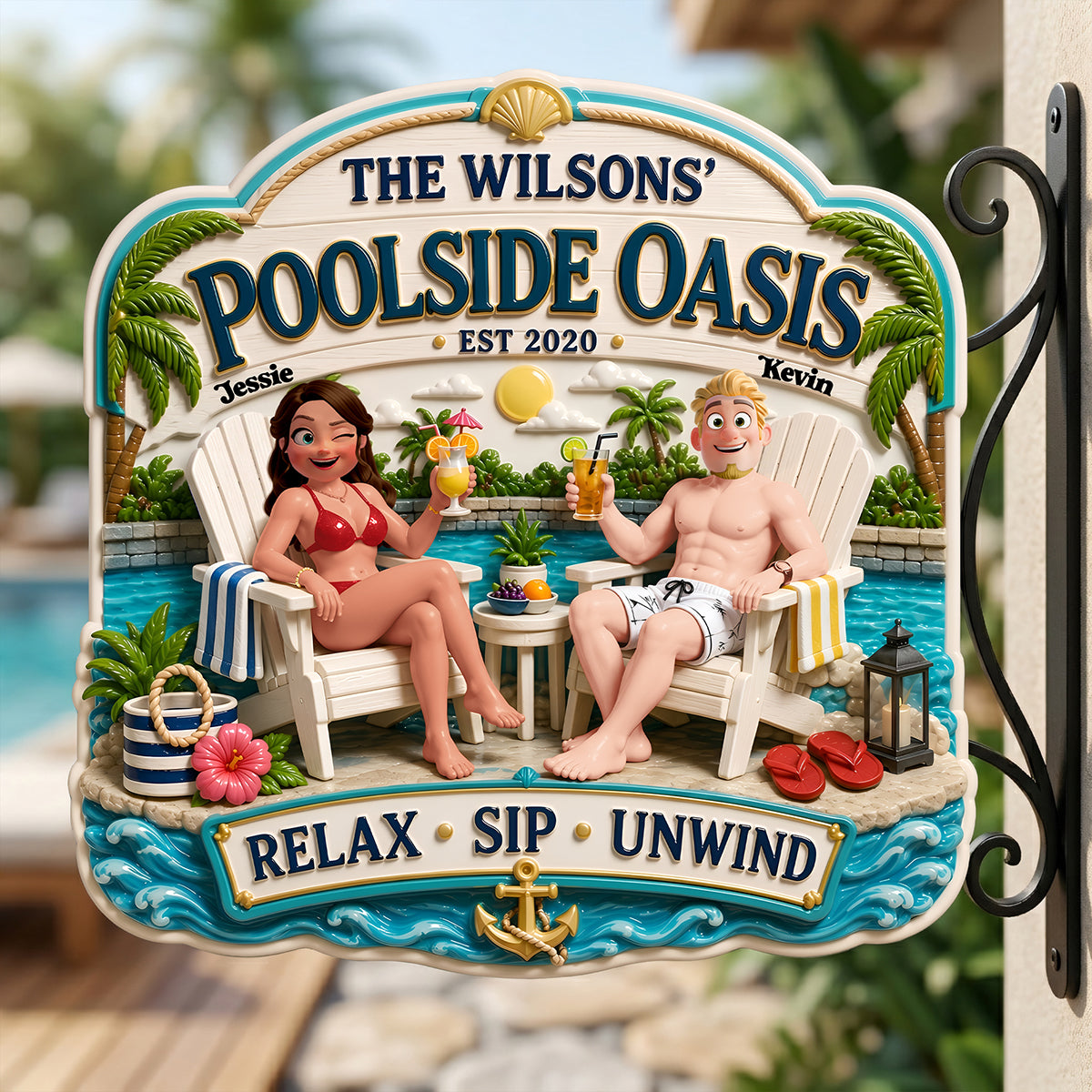 Personalized Metal Sign Poolside Oasis Gift for Couples - Summer Decor