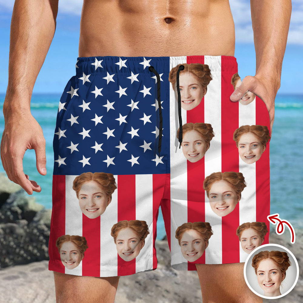 Personalized Funny Face American Flag Beach Shorts Gift for Dad HN590 - Beach-Shorts GradoCreations