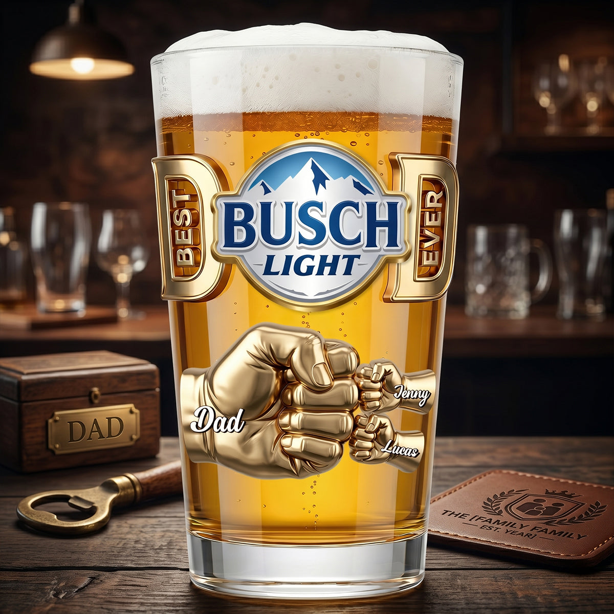 Personalized Beer Glass Best Dad Ever Fist Bump Gift for Dad