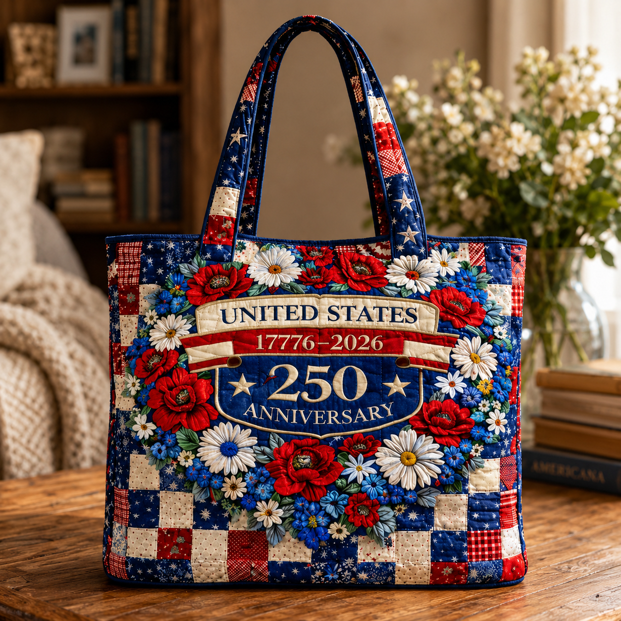 US 250th Anniversary Floral Quilted Tote Bag Patriotic Gift for Her