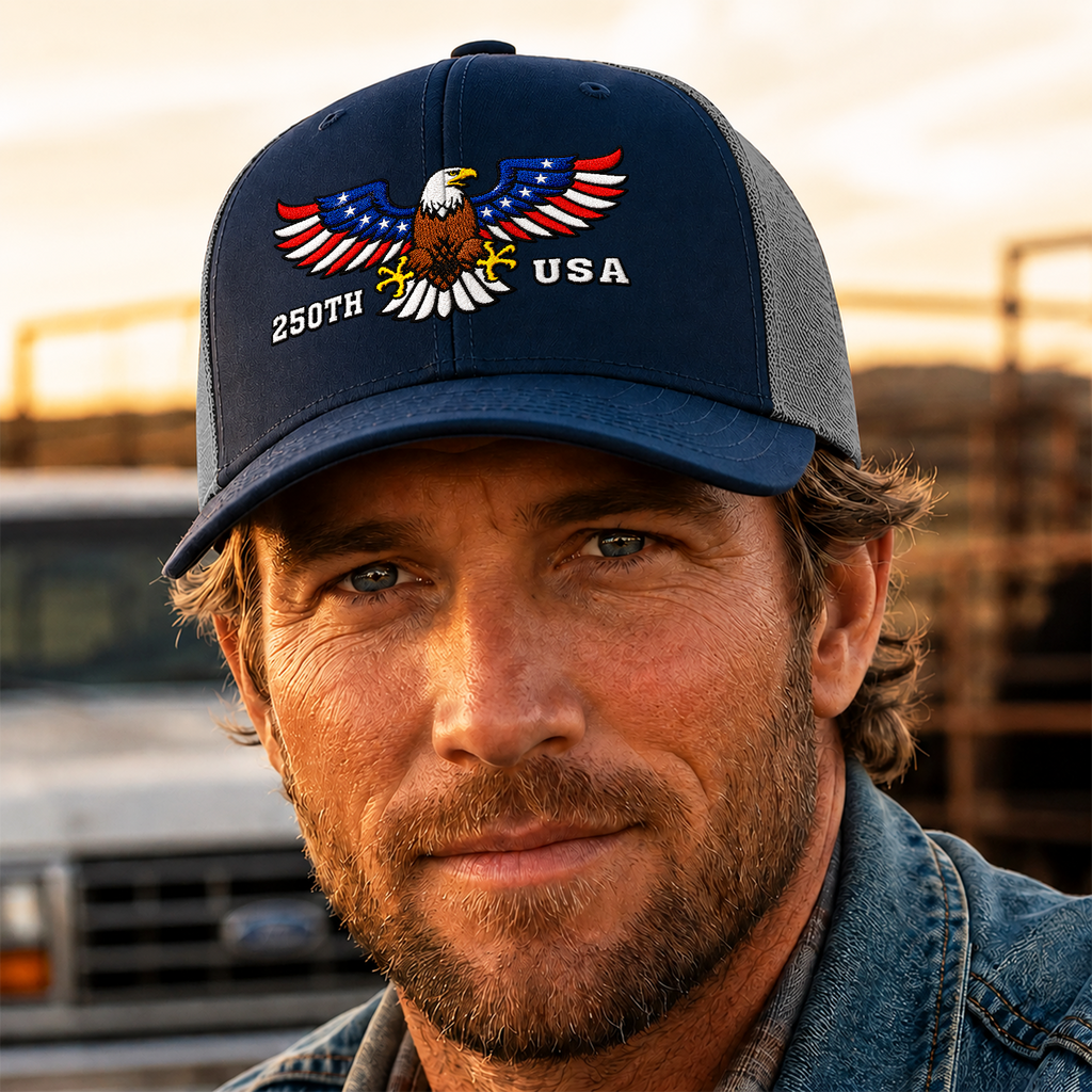 Personalized Patriotic Trucker Hat Custom Name 250th Anniversary Gift HN590 - Embroidered Trucker Hat GradoCreations