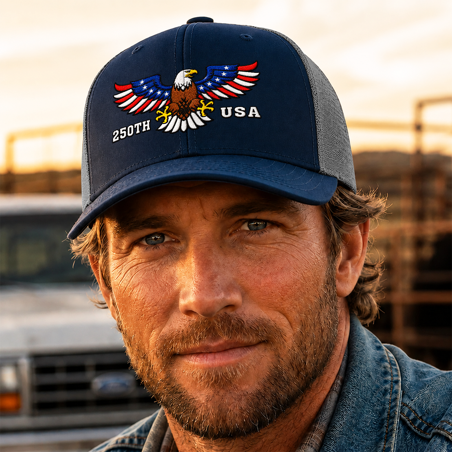 Personalized Patriotic Trucker Hat Custom Name 250th Anniversary Gift HN590 - Embroidered Trucker Hat GradoCreations