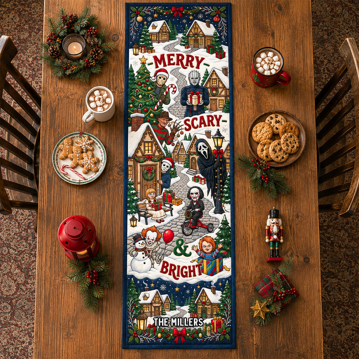 Personalized Merry Scary Christmas Quilt Table Runner Custom Family Name Decor Quilt Table Runner GradoCreations