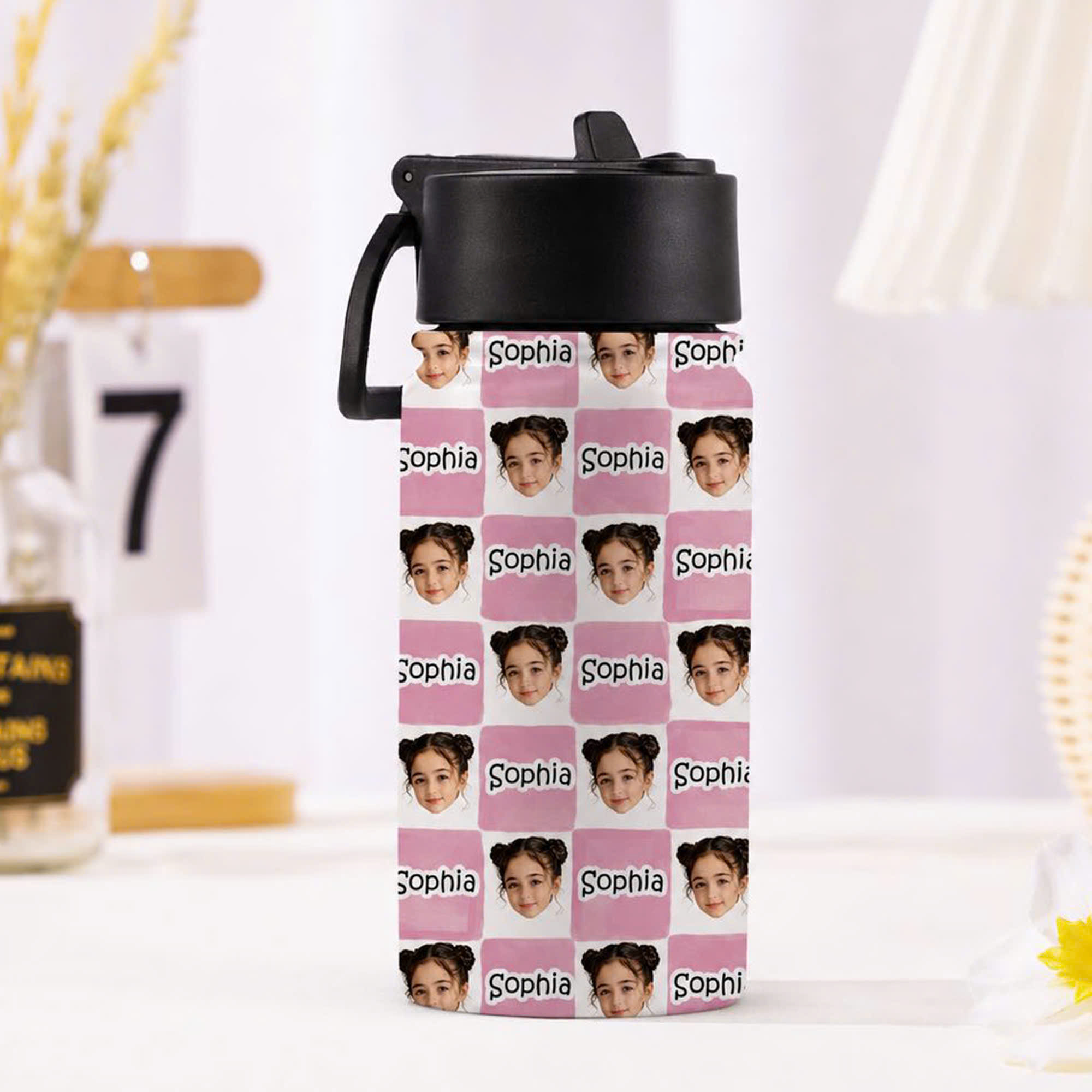 Personalized Water Bottle with Photo & Name Custom Gift for Kids HN590 - Kid Water Bottle With Straw GradoCreations