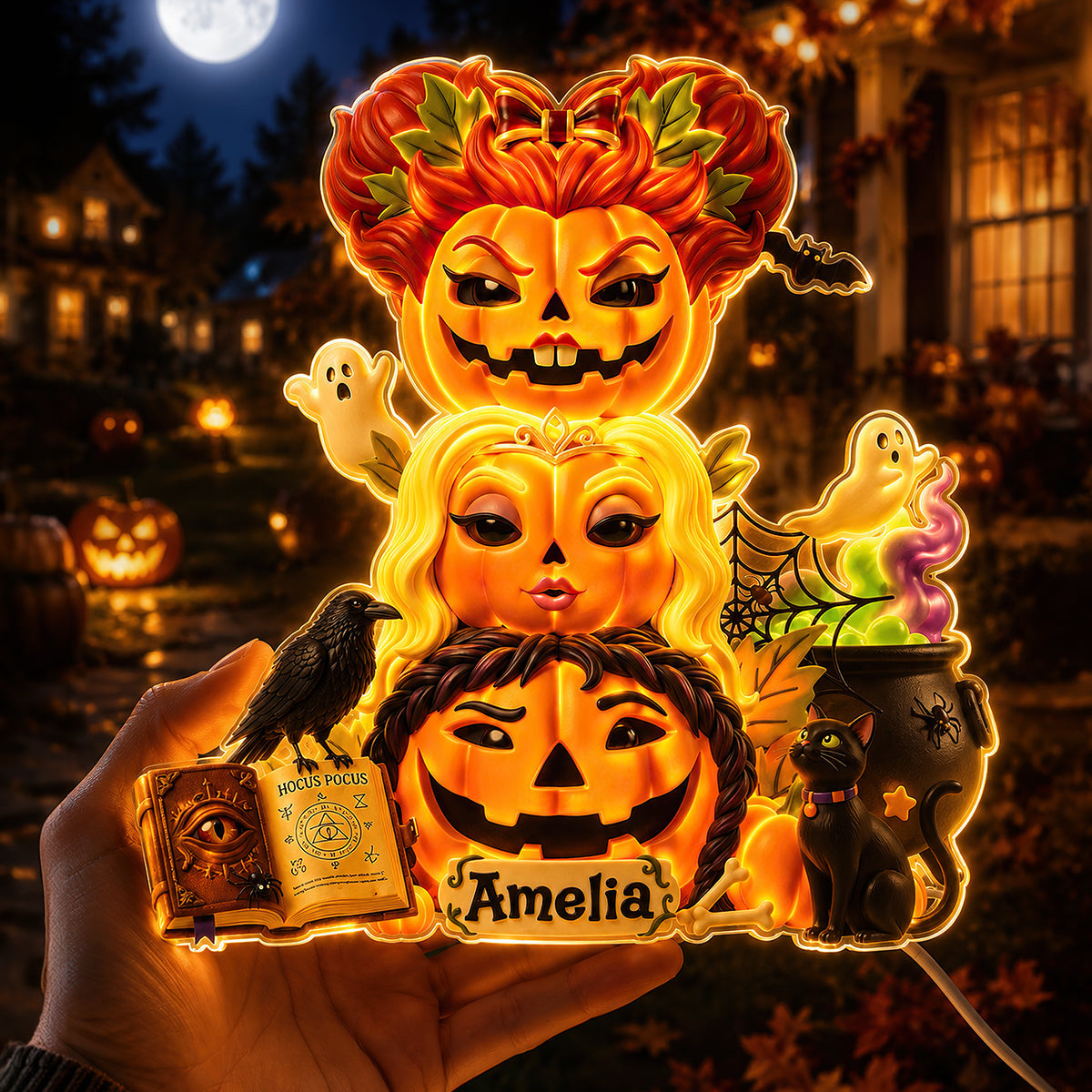 Personalized Acrylic Light Box Witch Pumpkin Stack Halloween Décor Acrylic Light Box GradoCreations